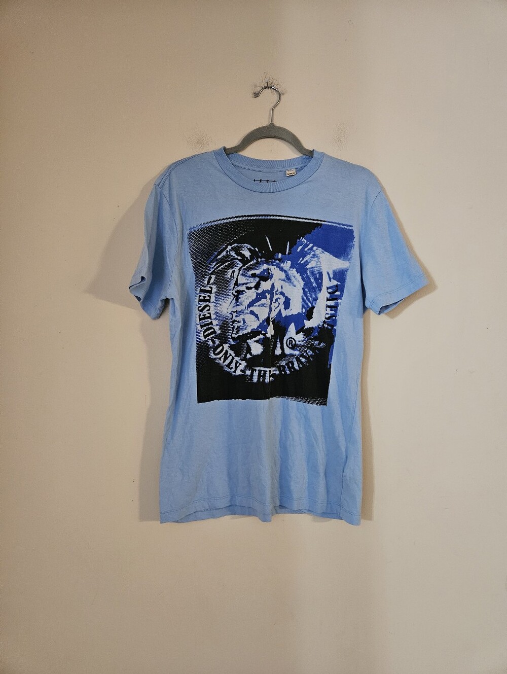 Diesel Men's Blue Graphic Crew Tee with Black & Royal Print, Size Large